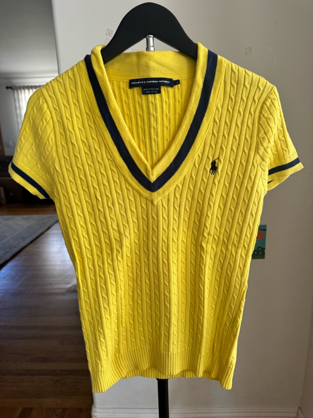 Polo by Ralph Lauren Yellow Cable-Knit V-Neck with Navy Trim